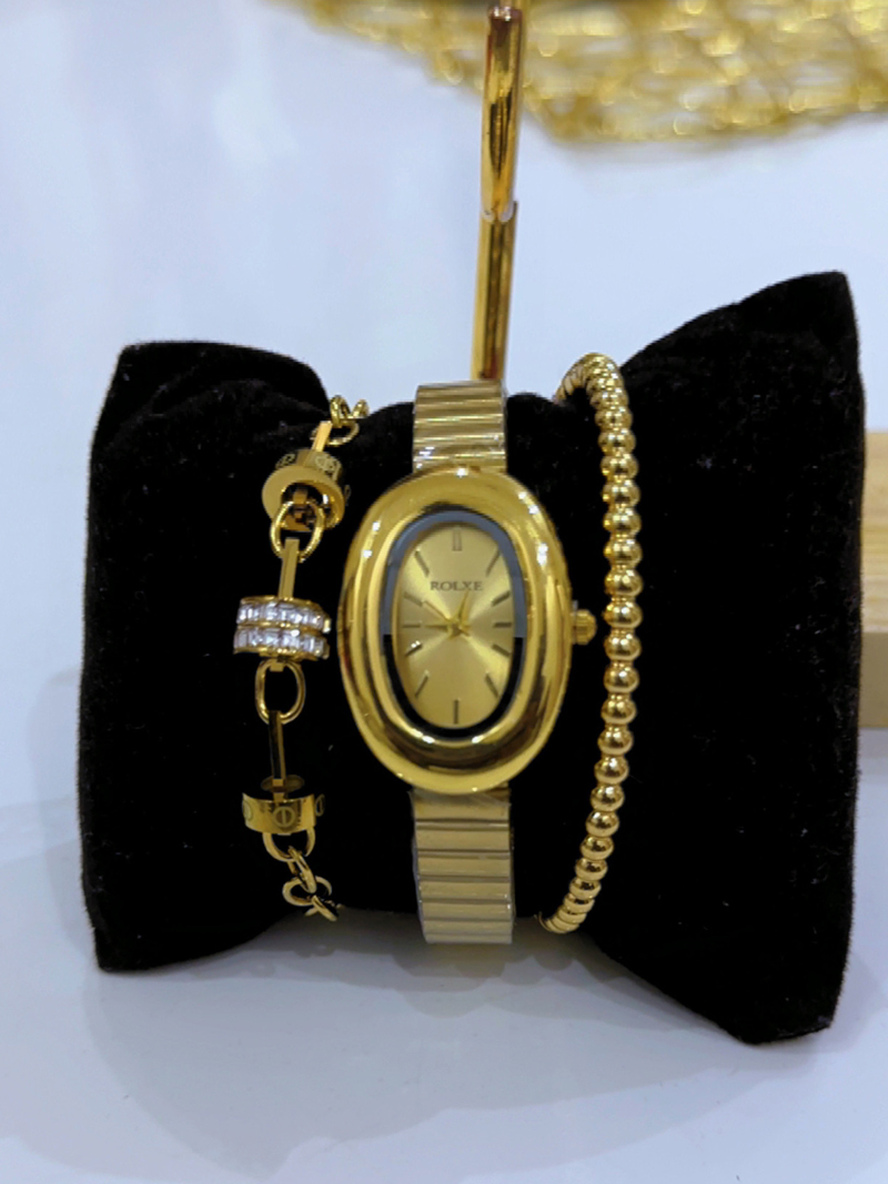 Trio Doré Montre Ovale & Perles