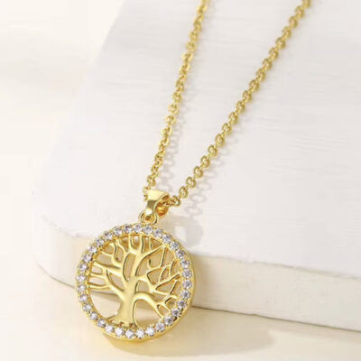 Collier pendentif médaillon "Arbre de Vie" ajouré en argent/or entouré d'une couronne de zirconiums brillant