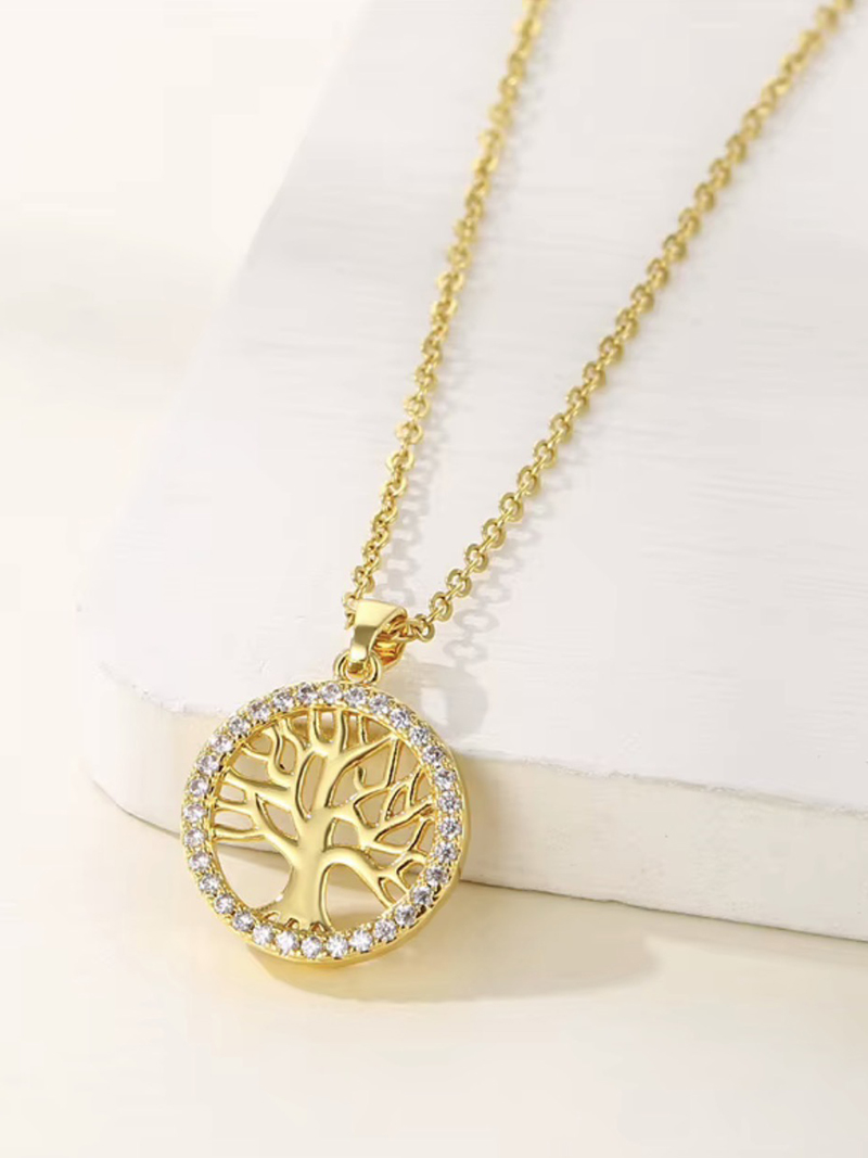 Collier pendentif médaillon "Arbre de Vie" ajouré en argent/or entouré d'une couronne de zirconiums brillant