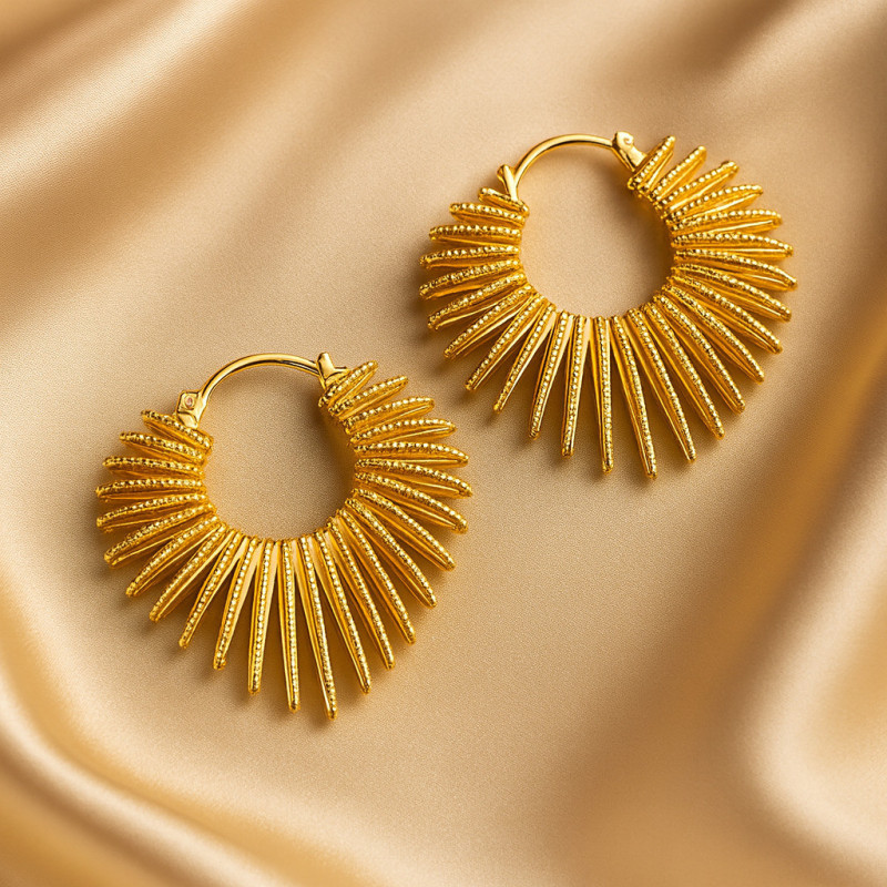 Boucles d'Oreilles Créoles Soleil – Design Équilibre & Rayons Texturés