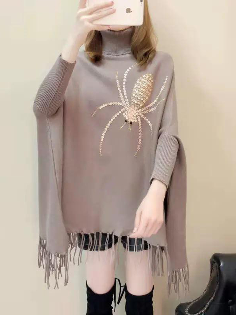 Poncho Col Roulé Motif Araignée Strass (Taupe)